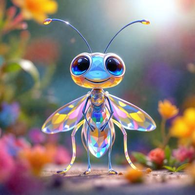 The primary subject of the image is a colorful, rainbow-colored butterfly. The butterfly is standing on a flower-covered ground, surrounded by a vibrant and lively environment. The visual style of the image is digital art, as it appears to be a computer-generated or digitally-created illustration. The colors and mood of the image are bright, cheerful, and full of life, with the butterfly being the central focus and the flowers adding to the overall atmosphere.
